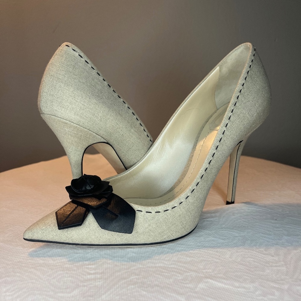 Christian Dior Cream Pump Heels with Black Flower